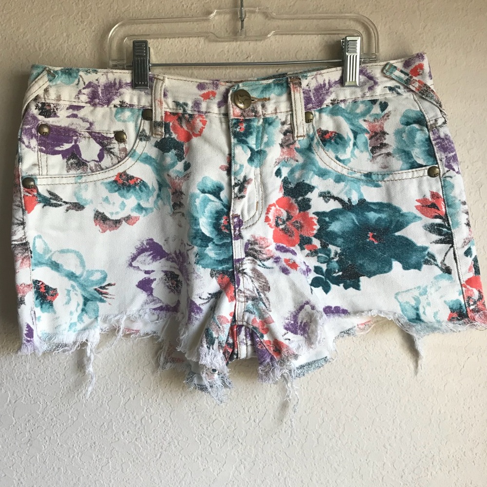 Free People Floral Denim Cutoff Shorts